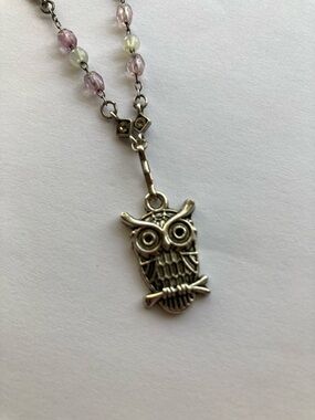Silver Owl Pendant Necklace with Pink and Cream Beads